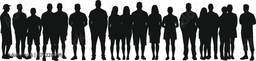 Silhouette group of diverse people standing in line, unity crowd illustration, teamwork concept, diversity background, human figures outline, community together, abstract population design