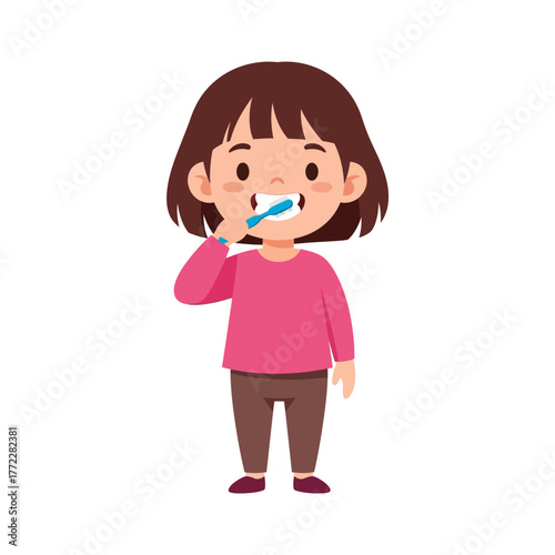 A young girl with brown hair is brushing her teeth with a blue toothbrush.