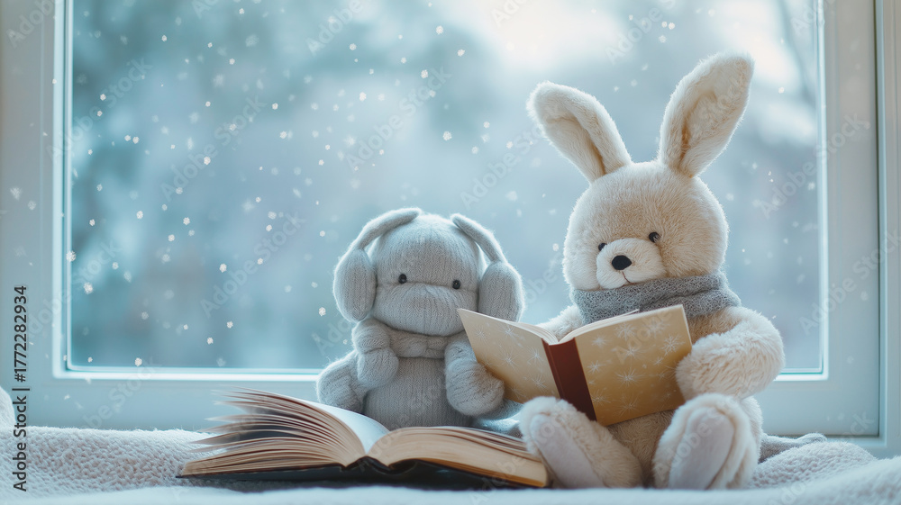 Fototapeta premium 冬の室内でぬいぐるみが本を読む温かな光景、雪降る窓辺と優しい毛布に包まれたクマとウサギの可愛い物語風イラスト、冬の読書、暖炉、癒し、ほっこり、かわいい