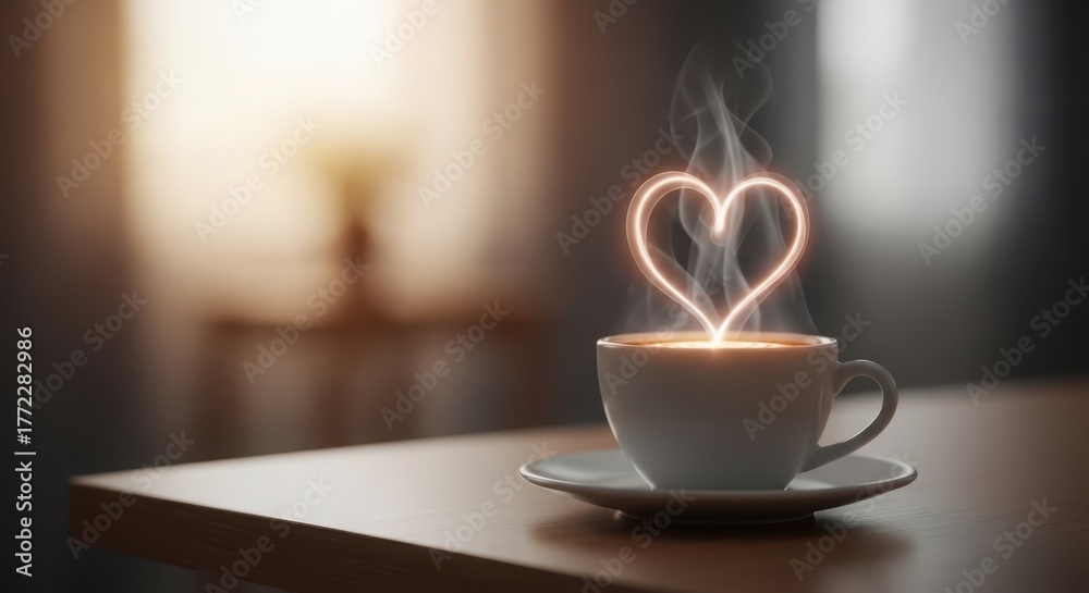 Fototapeta premium A cup of coffee with steam forming a heart shape, symbolizing love and warmth, set against a softly blurred background with gentle light