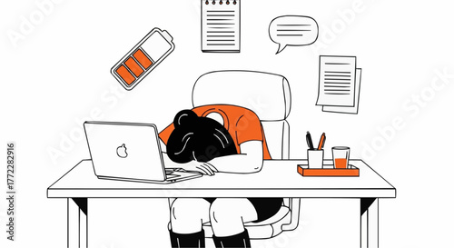 A vector illustration depicts a person, presumably a woman, slumped over a desk, illustrating burnout. The person is wearing a short-sleeved orange shirt and black knee-high boots and is seated in an 