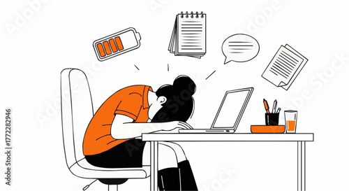 A vector illustration depicts a person, presumably a woman, slumped over a desk, illustrating burnout. The person is wearing a short-sleeved orange shirt and black knee-high boots and is seated in an 
