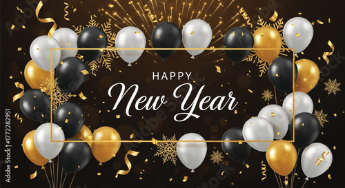 A festive illustration featuring balloons, confetti, and golden accents, perfect for celebrating the New Year. The design creates a cheerful and celebratory atmosphere.