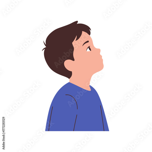 Illustration of a young boy with brown hair looking upwards with a hopeful or curious expression.