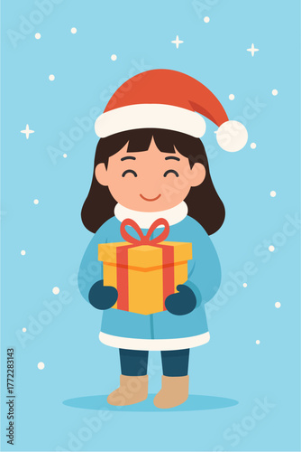 Cute Girl in Winter Clothes and Santa Hat Holding Christmas Gift in Flat Modern Illustration