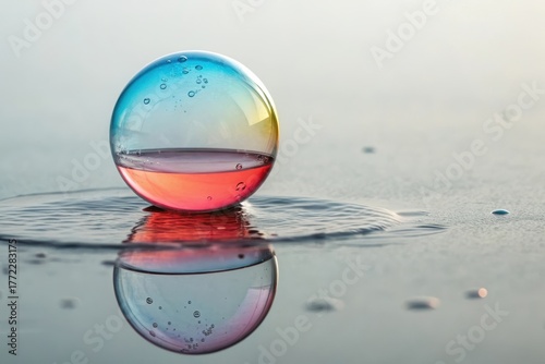 Colorful Bubble on Still Water Surface with Soft Reflection