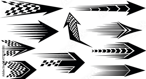 Dynamic set of racing speed arrows motifs with chequered flag accents