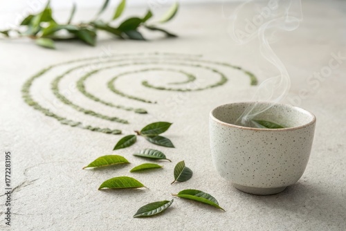 Aromatic Herbal Tea and Fresh Leaves on Rustic Stone Surface