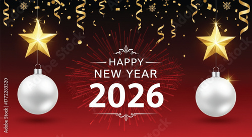 Celebrate the arrival of 2026 with this festive illustration featuring golden stars, elegant ornaments, and shimmering confetti, perfect for new year greetings and more.