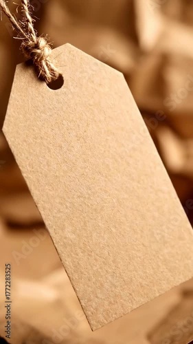 Close up blank kraft tag with soft vintage bokeh and warm tone - versatile mockup vertical for pricing gifting branding and marketplace listings