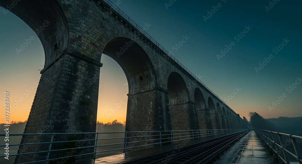 Fototapeta premium Massive stone viaduct with multiple arches rugged texture extending into the distance under a twilight sky.
