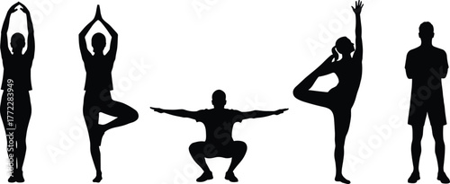 Yoga silhouettes fitness poses, meditation balance exercise, healthy lifestyle stretching, dancer posture, tree pose, squat workout