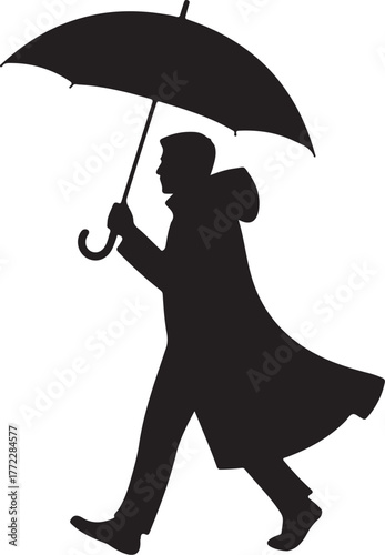 Man walking with umbrella rain coat