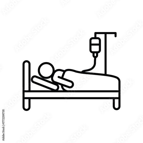Medical treatment icon showing patient in hospital bed connected to IV drip bag vector illustration