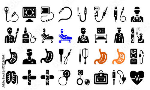 Endoscopy Icons Pack, 25 Flat Medical Glyph Vector Icons, Healthcare and Diagnostic Equipment Silhouette Set, Minimal Black Vector Illustration