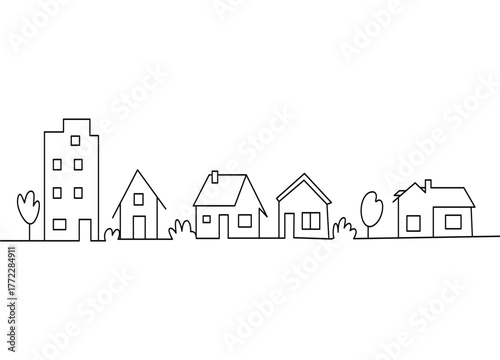 Minimalist illustration of houses and a building in a linear style showcasing modern architecture and suburban living in black and white