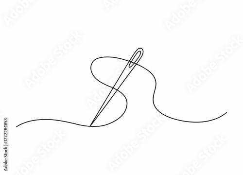 Minimalist line art drawing of a needle and thread on a clean white background for sewing projects and textile design concepts