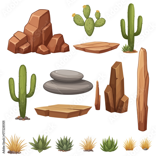 Desert Landscape Elements Set — 2D Cartoon Cactus, Rocks, Stones, and Plants Illustration