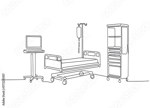 Minimalist Line Art of Hospital Room Interior Depicting Bed Medical Equipment and Technology