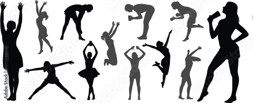 Human silhouette poses, expressive body movements, dynamic figure collection, black outline art, dance gesture, performance stance, fashion model, motion illustration
