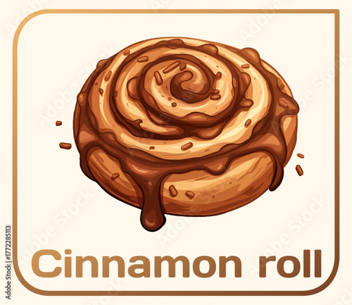 Closeup of freshly baked cinnamon roll vector icon. Golden-brown dough coated in sweet cinnamon-sugar filling and topped with glossy glaze. Food illustration for deliciousness of classic treat
