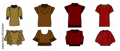 秋冬カラーの女性トップス　ファッションベクターイラスト