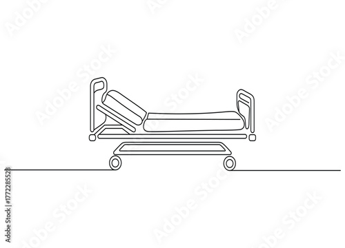Single line drawing of hospital bed showcasing medical equipment and health care vector illustration design on white background
