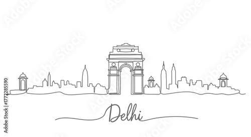 Delhi Skyline Line Art with India Gate Illustration