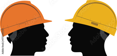 Silhouette of two construction workers facing each other, wearing orange and yellow safety helmets, teamwork concept, workplace safety, industrial communication, engineering cooperation,