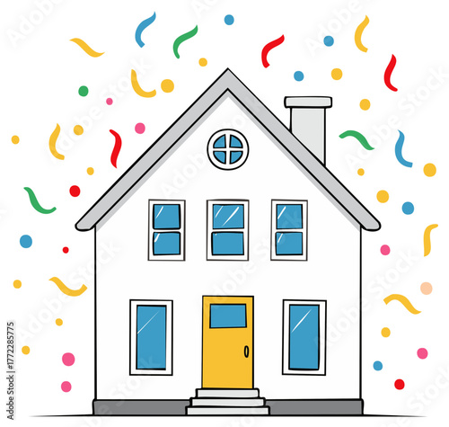 Celebratory Homeownership: House with Confetti, Colorful Festive Graphic