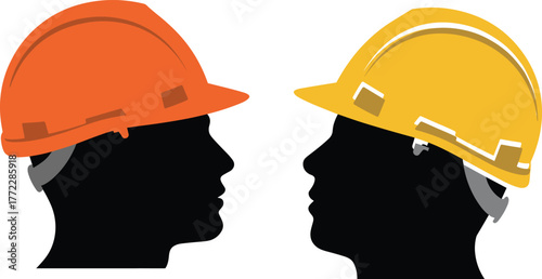 Silhouette of two construction workers facing each other, wearing safety helmets, teamwork concept, industrial communication, workplace safety, engineering cooperation,