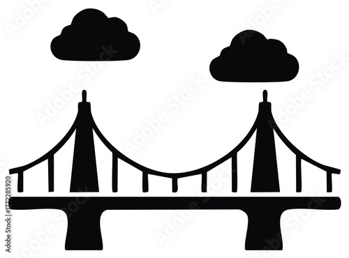 Simple black silhouette icon of a suspension bridge with clouds Minimalist vector illustration for travel and architecture