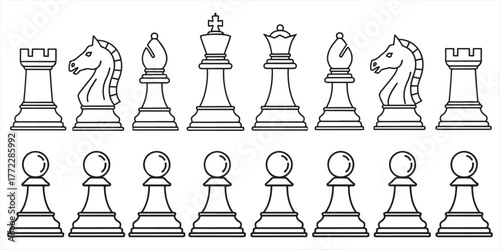 A complete set of 16 white chess pieces in vector style