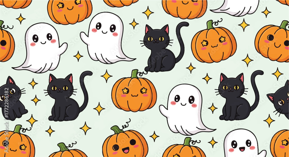 Obraz premium Cute Kawaii Halloween Pattern with Black Cats, Pumpkins, and Ghosts.