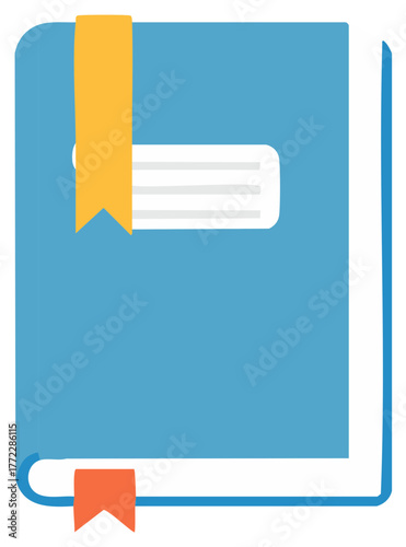 Flat design vector icon of a blue hardcover book with bookmarks and a label for education and reading
