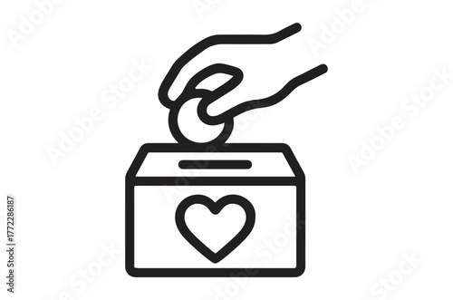 Hand dropping coin into donation box with heart symbol illustration