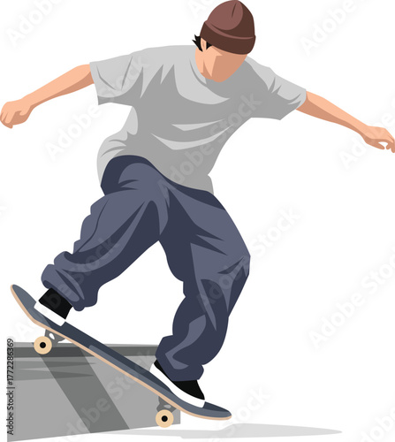 Vector illustration of a skateboarder performing a trick on a ledge, wearing a beanie, t-shirt, and baggy pants.