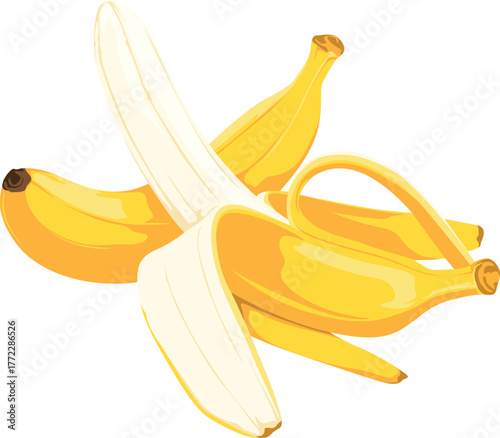 Illustration of a partially peeled banana revealing the white fruit, with two other bananas in the background, isolated on white.