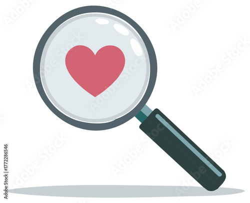 Magnifying glass enlarging a vibrant red heart symbolizing love search discovery and focus
