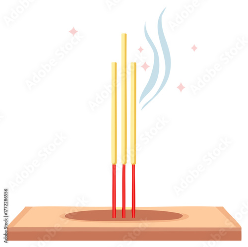 Burning incense sticks with smoke and sparkles in a wooden holder spiritual offering illustration