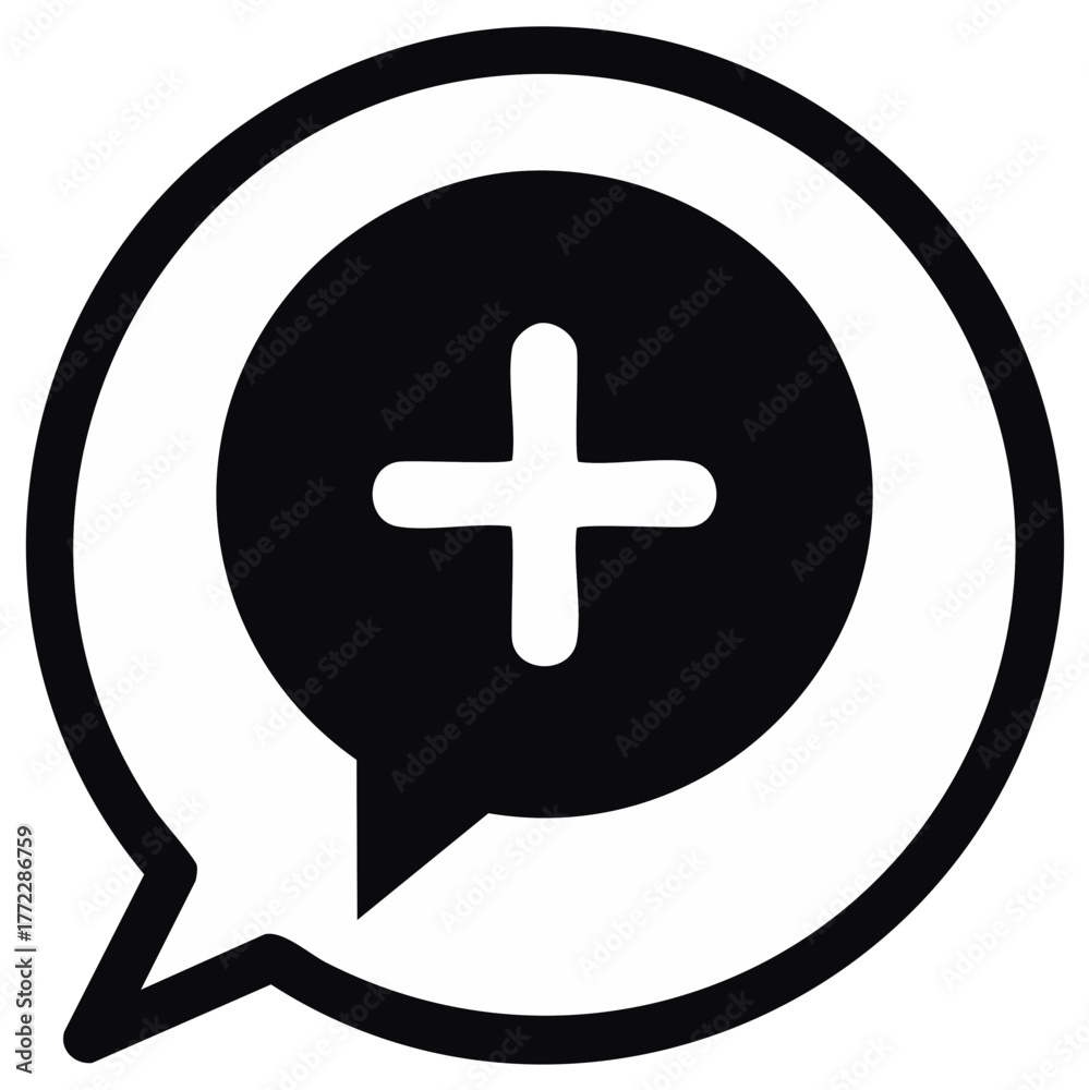Obraz premium Add icon in speech bubble, simple black and white add symbol design concept.