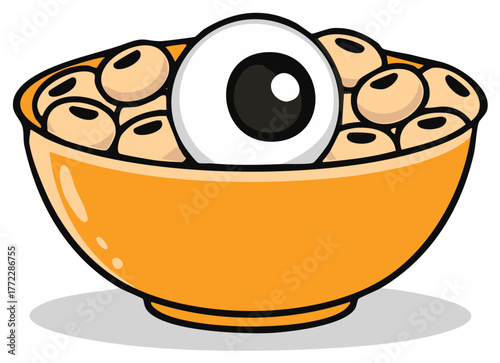 Stylized cartoon eyeball in a bowl of beans, a quirky and spooky illustration for Halloween food concepts.