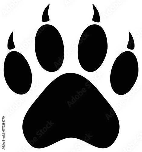 Animal track silhouette of a predator with sharp claws. Vector illustration of a wolf, bear, or big cat paw print.