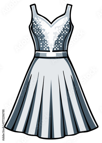 Elegant white sleeveless dress illustration with sparkly bodice and pleated A line skirt perfect for special occasions