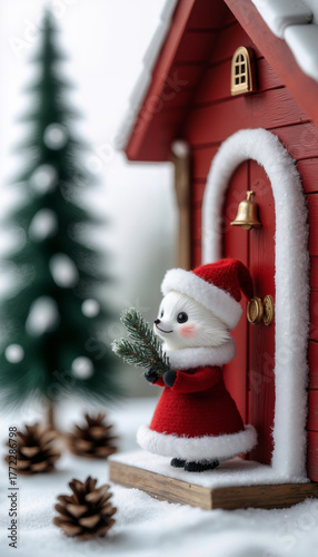 The Christmas concept. A composition with a Christmas tree and a white fox in a red hat holding a fir twig near a red house. New Year's lights snow.