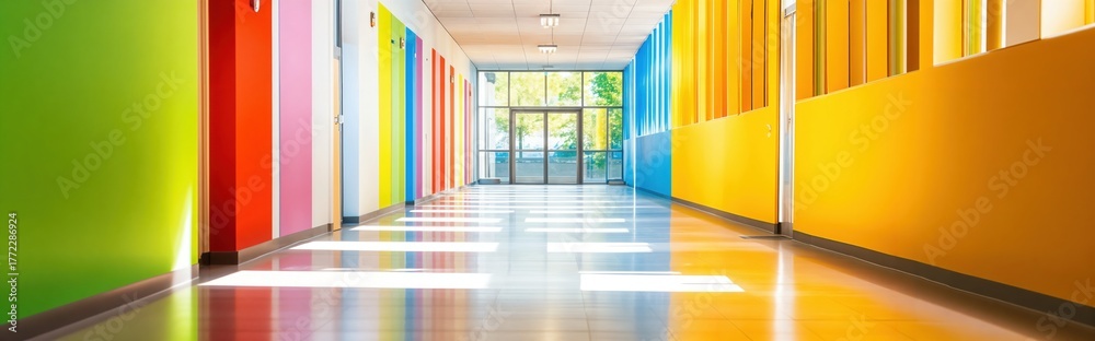 Fototapeta premium Vibrant School Hallway with Colorful Walls and Natural Light, Creating an Inviting and Inspiring Educational Environment