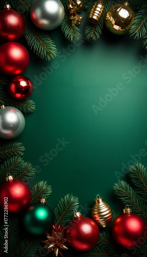 The Christmas concept. top view, green, red trinkets, decoration in the form of a pine cone, snow and fir branches on a green background with an empty space