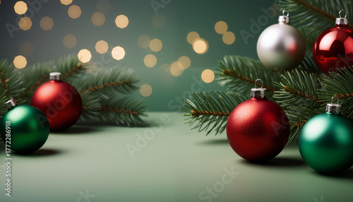Wallpaper for christmas with green background and christmas decoration. The concept of Christmas and New Year holidays