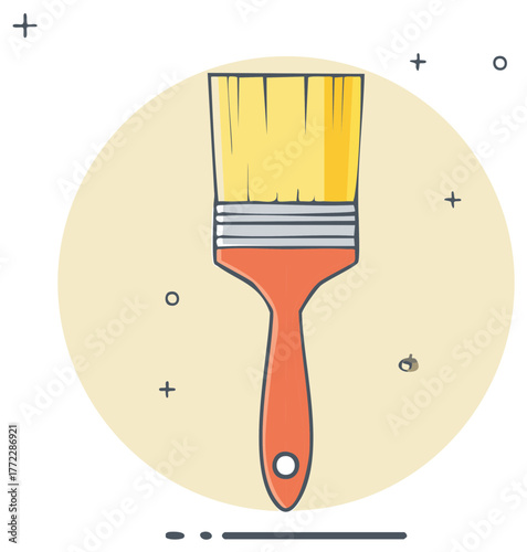 Illustration of a clean paintbrush with yellow bristles and a red handle representing art supplies or painting materials.