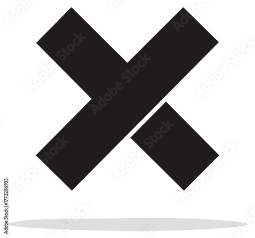 Black X cross icon with a shadow. Simple flat design for delete, wrong, or close button